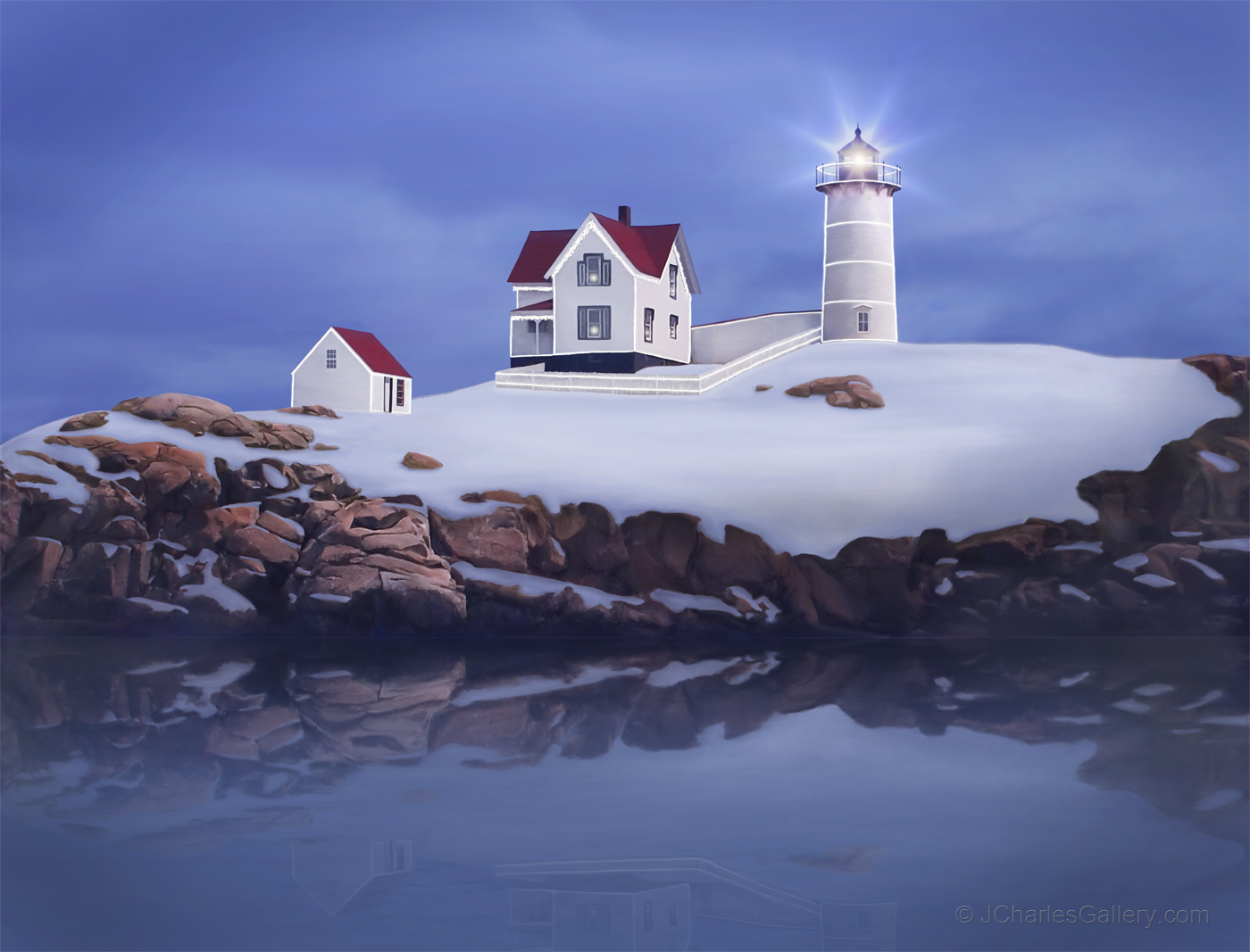 The Lighting of the Nubble painting by artist J. Charles features Maine
